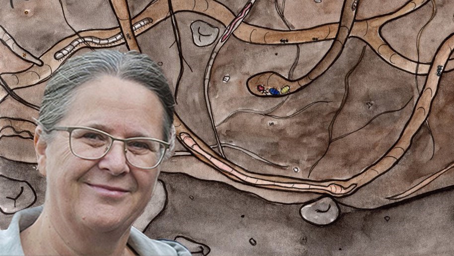 Leende kvinna med grått hår och glasögon framför en illustration av små slingrande gångsystem under jord. 