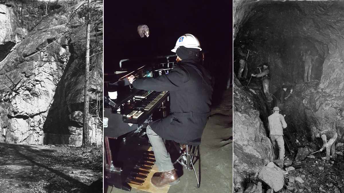 Bildkollage med två äldre, svartvita foton på en öppning i ett berg och gruvarbetare med hackor i ett bergrum. Bilden i mitten är nutida och föreställer en man med bygghjälm som spelar orget i ett bergrum. 