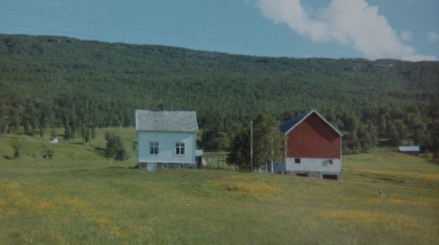 Gammalt foto av ett litet hus och en lada på ett fjäll