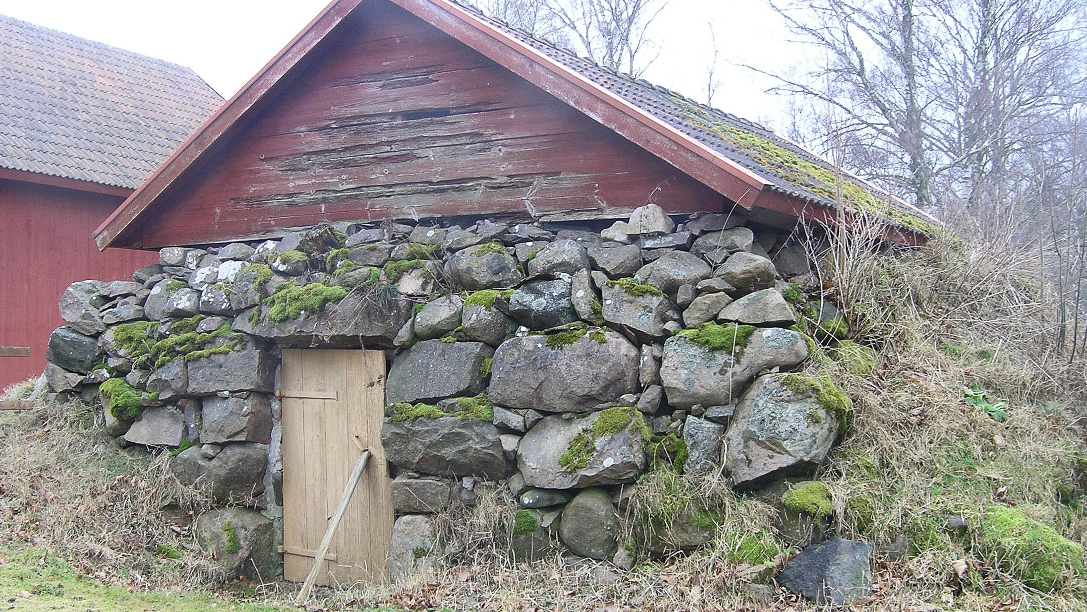 Jordkällare med en vägg av stora och små stenar och en trädörr. Över murverket och gräsyta ett sadeltak med tegel och i takvinkeln rödfärgad timmervägg