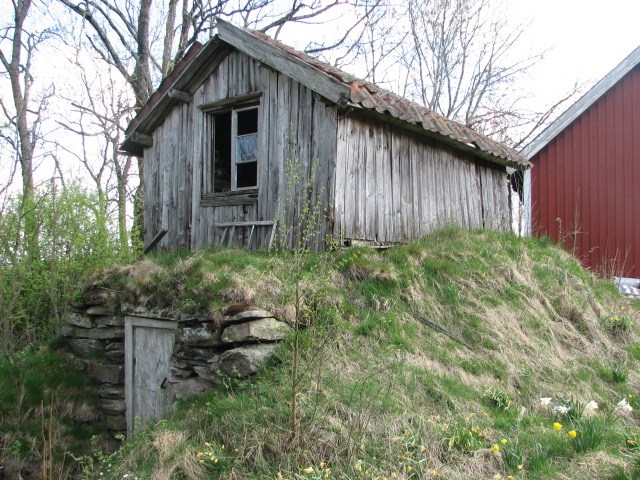 Ett litet omålat trähus med trasigt fönster står på grästäckt tak på en murad jordkällare