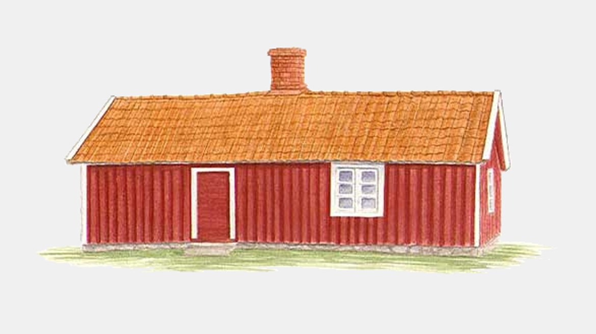 Teckning av ett torp med rödmålad träpanel och tegeltak. Fönstren är vitmålade .