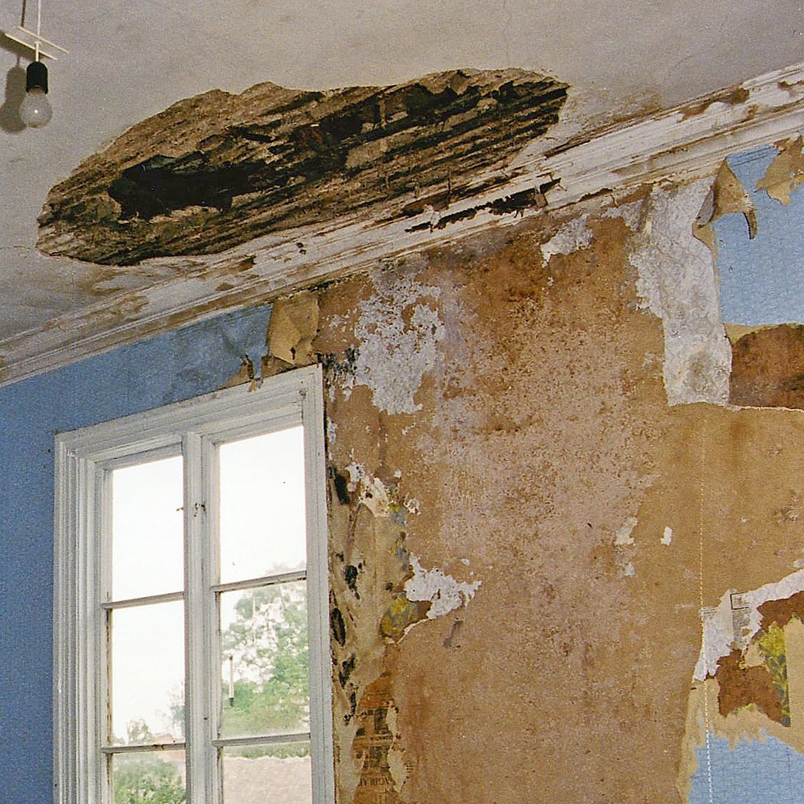 Interiör med vägg och tak med tydliga fuktskador