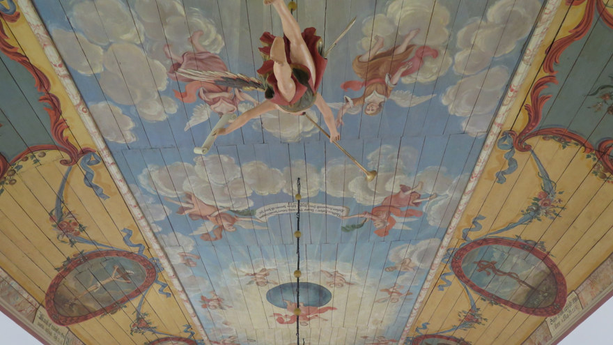 Rävinge kyrka. Målat 1774 av Johan Blomberg.