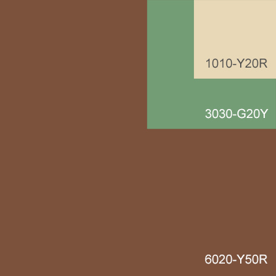 färgprov med brun fasad, gröna detaljer och vita fönster