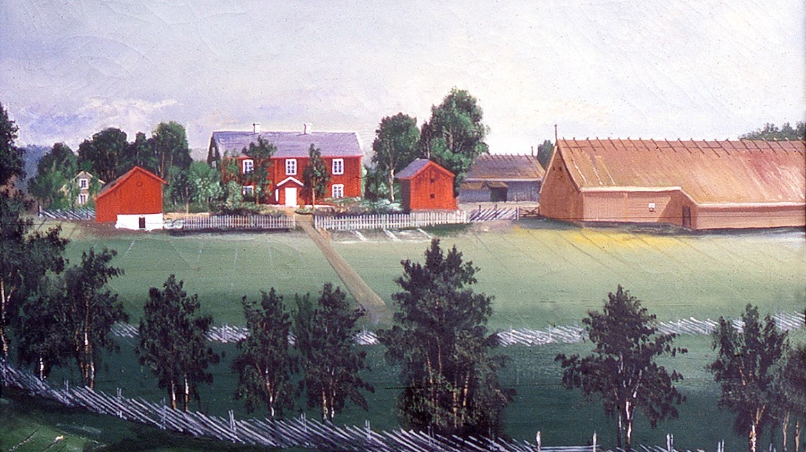en målning av en gård med rödfärgade bostadshus och omålade ekonomibyggnader.