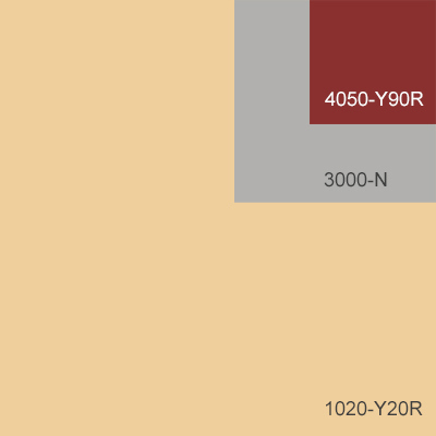 Färgprov med ljus fasadkulör och grå och röda detaljer