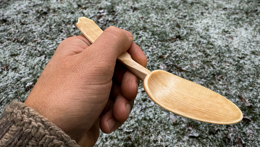 En hand håller en svängd sked av trä