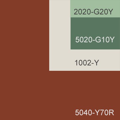 Färgprov  i kvadrat med ett stort fält i mörkt rött, ett mellanstort fält i ljust grått, ett mindre fält i mörkgrönt och ett rektangulärt litet fält i ljusgrönt