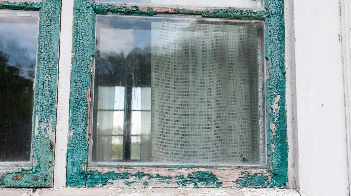 Grönblått gammalt fönster, del av.