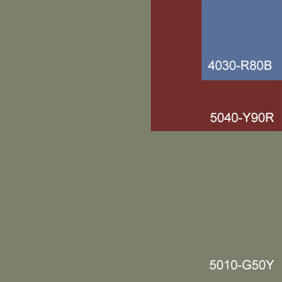 En stor kvadratisk ruta i grågrönt, en mindre ruta i rött och den minsta rutan i blått