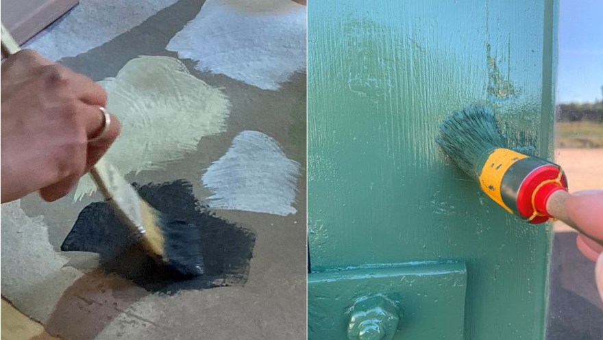 Bilden består av två foton där den vänstra visar en hand som håller en pensel so målar färgprov på lumppapp och den högra visar en hand som håller en pensel som målar en grön trädörr.