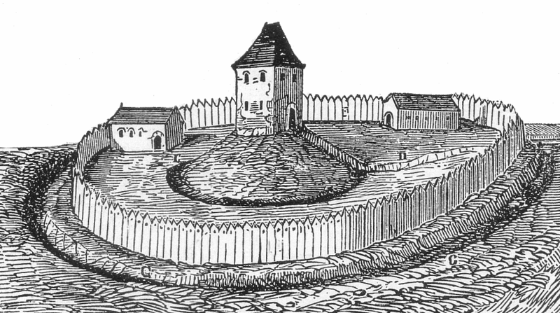 Tecknad idealbild av en medeltida borganläggning under medeltiden. I mitten ett torn med högt tak. Tornet står på en kulle och runt kullen är en plan yta med byggnader. Runt ytan går en pallissad av höga spetsiga stockar och runt pallissaden går en vallgrav. 